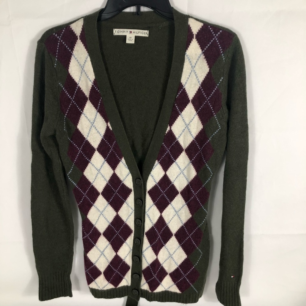 Tommy Hilfiger Cardigan Womens Medium Argyle Wool Blend Button Front Belt